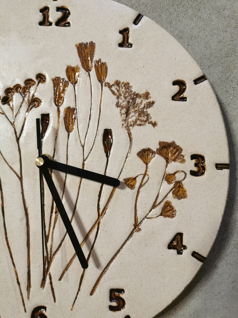 Odcisk kwiatów na glinie od prawiej od prawej: jarzmianka, dzika marchew, mak, orlik, wrotycz